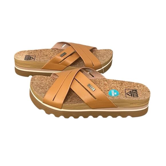 New! Reef Kaia Cross Tan Cushion Bloom Platform Cork Crisscross Sandals - Size 8 - Picture 5 of 6